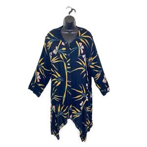 Vtg CHANTIK Women's Black Floral Asymmetrical Tunic Blouse Art To Wear Boho Sz L